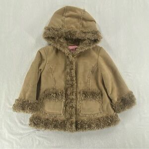 Copper Key Girls' Tan Hooded Faux-Suede Pea Coat with Faux-Fur Trim